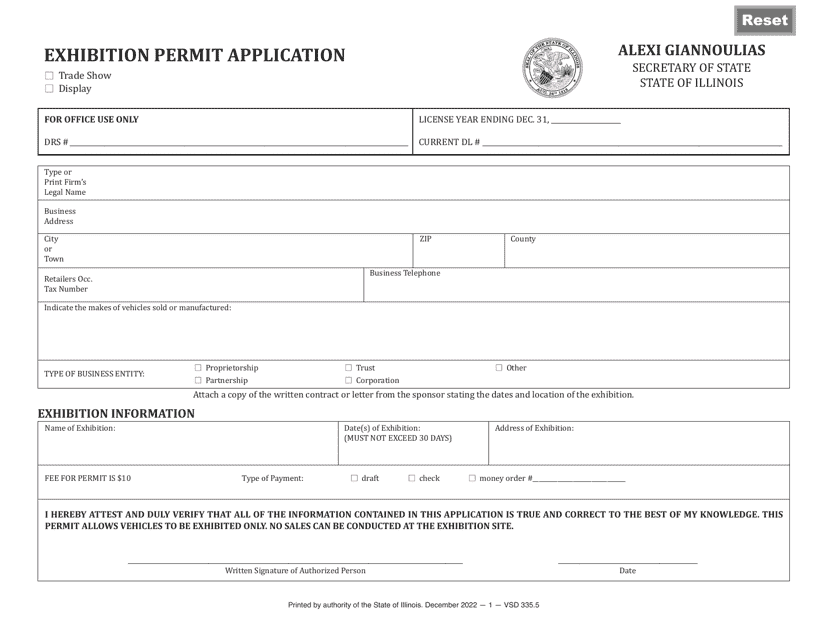 Form VSD335 Exhibition Permit Application - Illinois