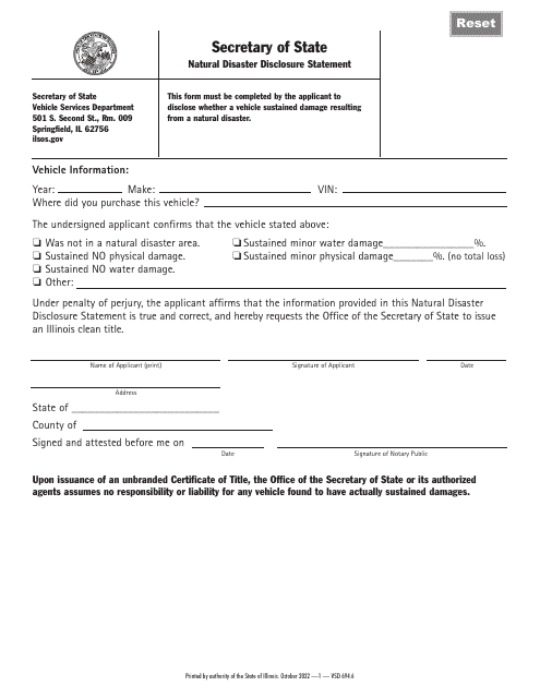 Form VSD694 Natural Disaster Disclosure Statement - Illinois