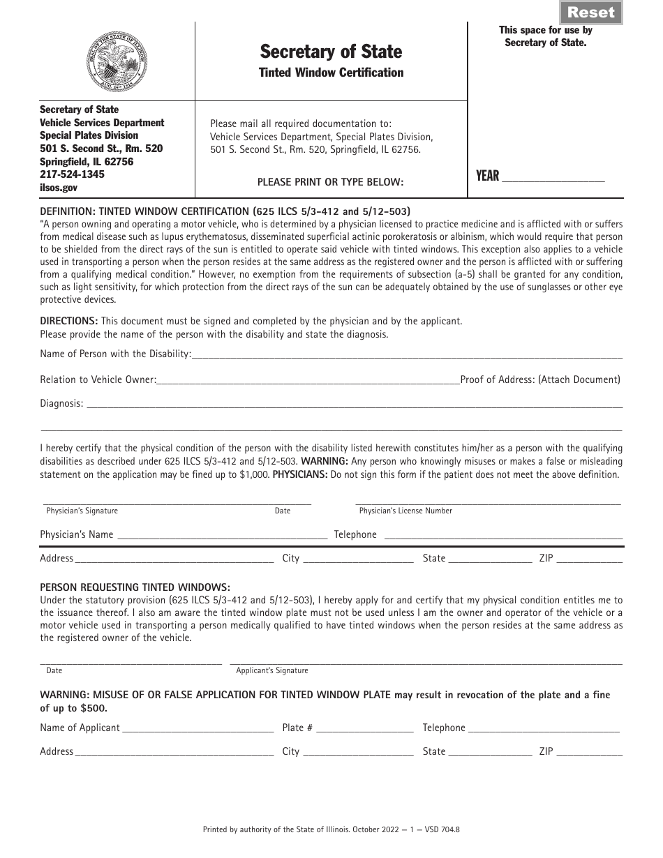 Form VSD704 Tinted Window Certification - Illinois, Page 1