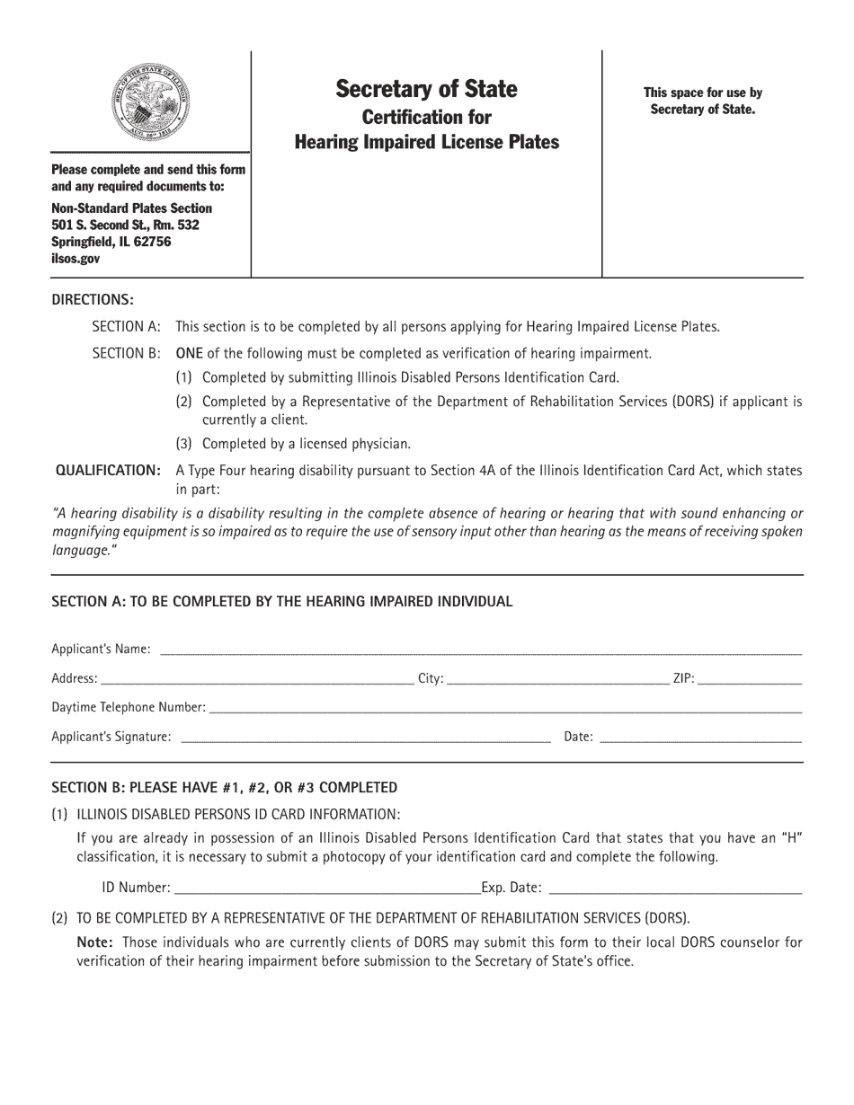Form VSD820 Certification for Hearing Impaired License Plates - Illinois, Page 1