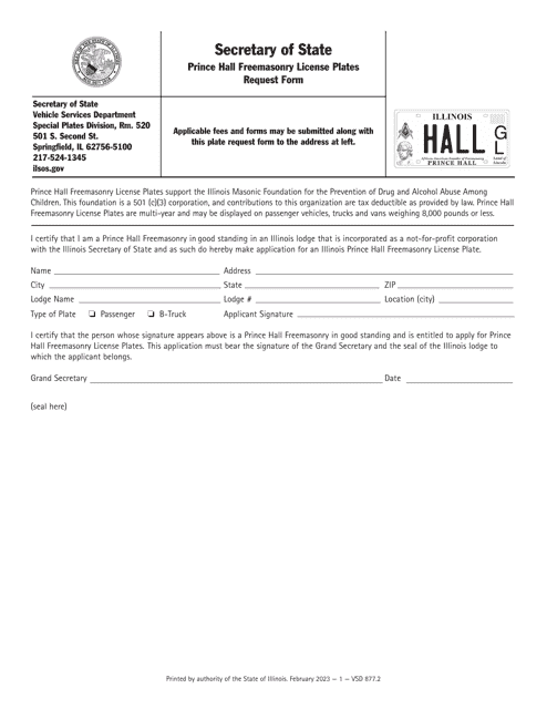 Form VSD877 Prince Hall Freemasonry License Plates Request Form - Illinois