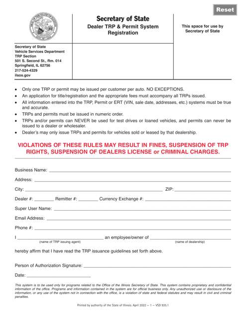 Form VSD935 Dealer Trp & Permit System Registration - Illinois