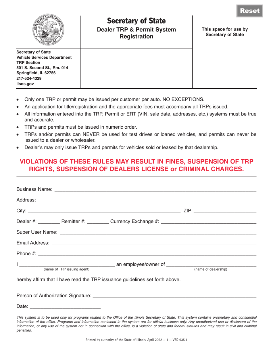 Form VSD935 Dealer Trp  Permit System Registration - Illinois, Page 1