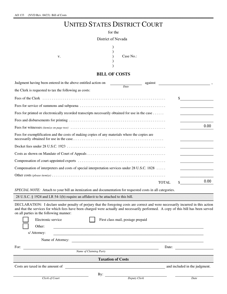 Form AO133 Bill of Costs - Nevada, Page 1