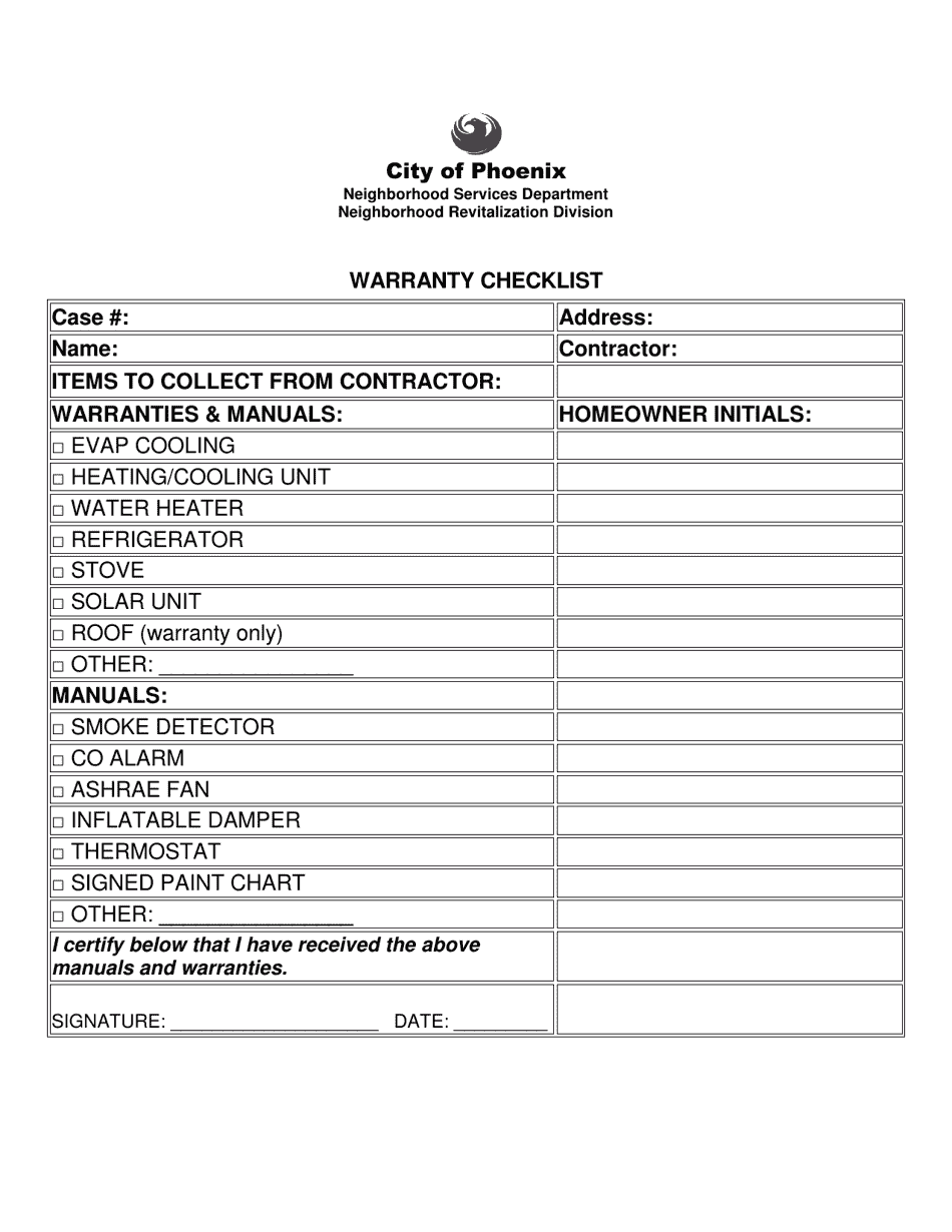 Warranty Checklist - City of Phoenix, Arizona, Page 1