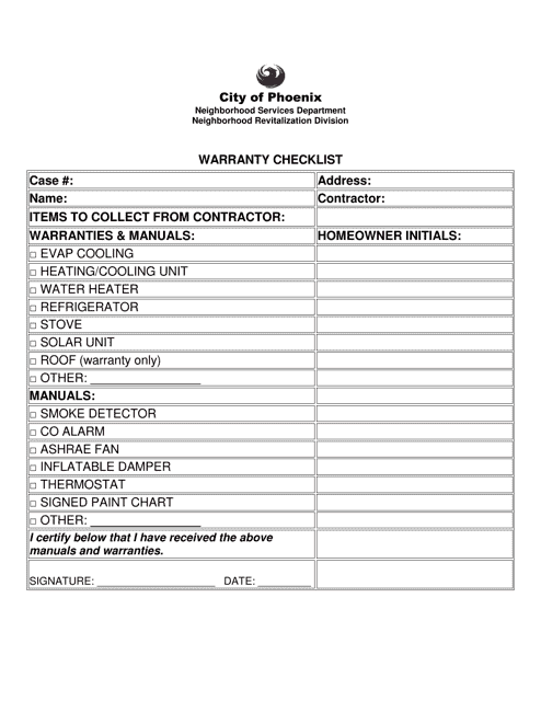 Warranty Checklist - City of Phoenix, Arizona