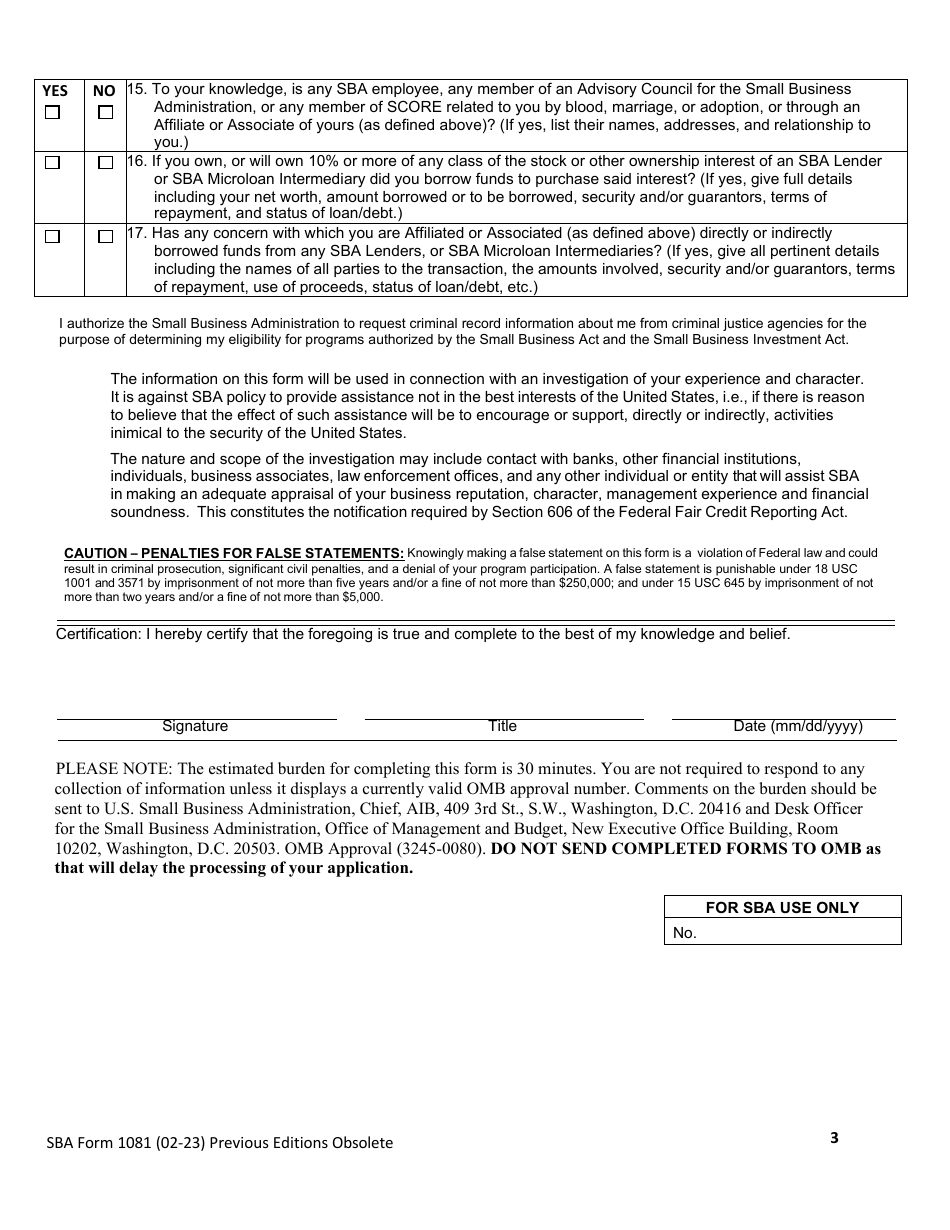 SBA Form 1081 Statement of Personal History (For Use by Lenders), Page 3
