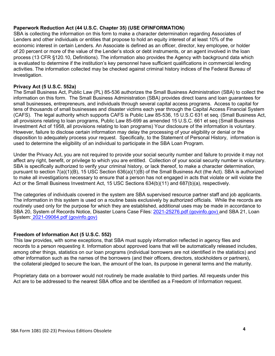 SBA Form 1081 Statement of Personal History (For Use by Lenders), Page 4