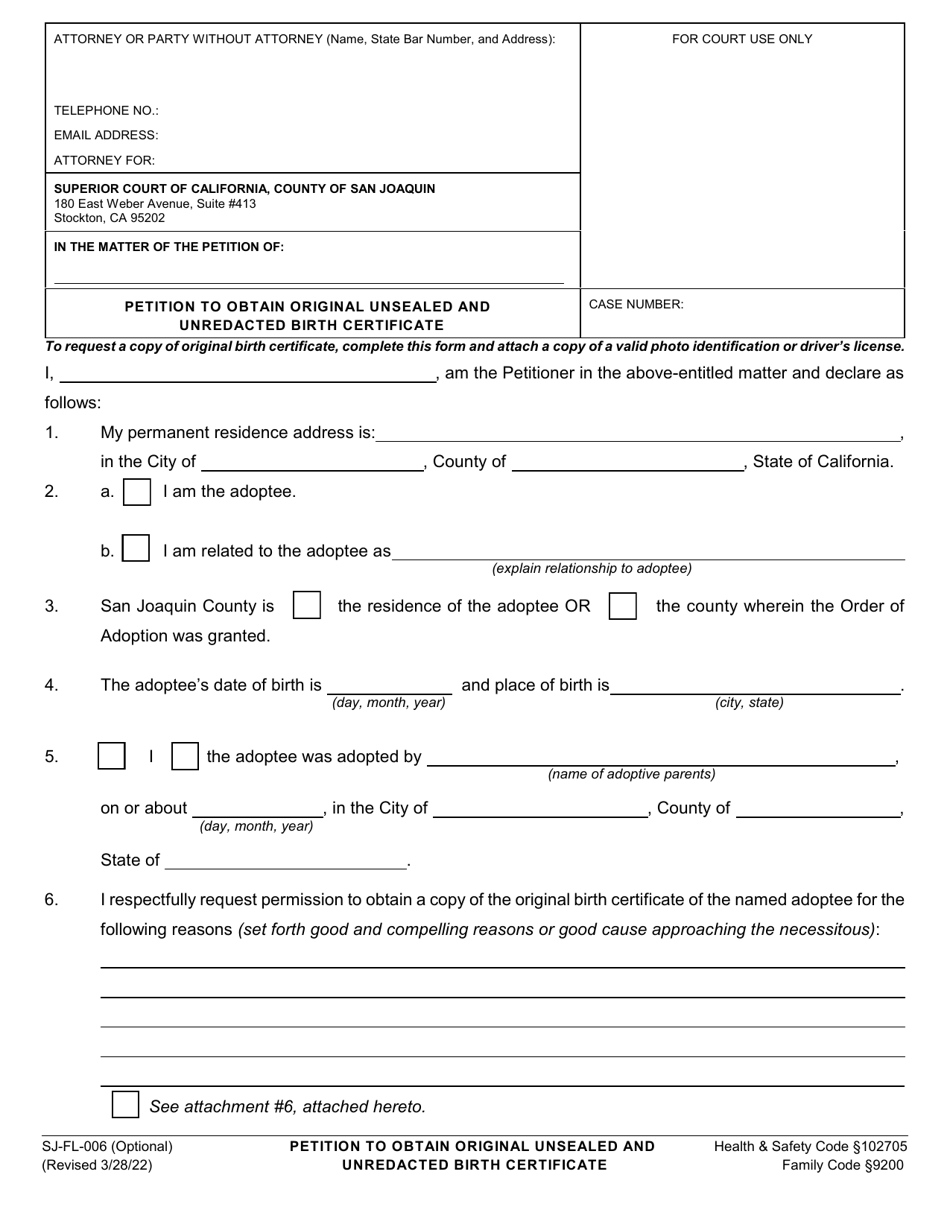 Form SJ-FL-006 Petition to Obtain Original Unsealed and Unredacted Birth Certificate - County of San Joaquin, California, Page 1