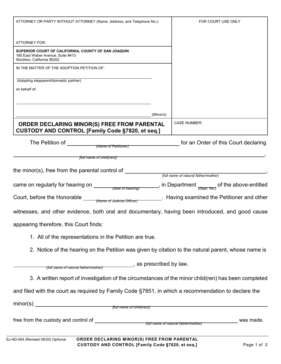 Form SJ-AD-004 Order Declaring Minor(S) Free From Parental Custody and Control - County of San Joaquin, California, Page 1