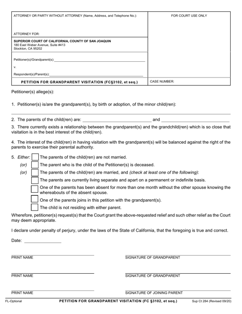 Form Sup. Ct.284 Petition for Grandparent Visitation (Fc3102, Et Seq.) - County of San Joaquin, California