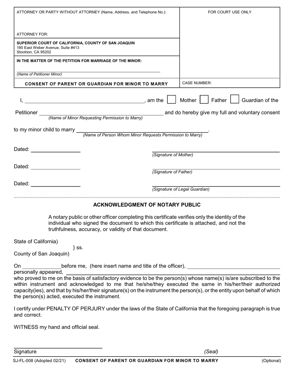Form SJ-FL-008 Consent of Parent or Guardian for Minor to Marry - County of San Joaquin, California, Page 1