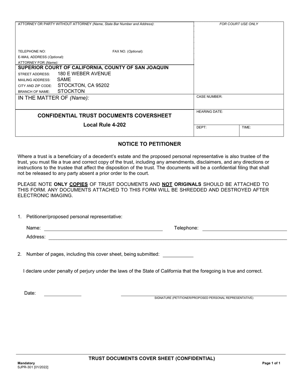 Form SJPR-301 Confidential Trust Documents Coversheet - County of San Joaquin, California, Page 1