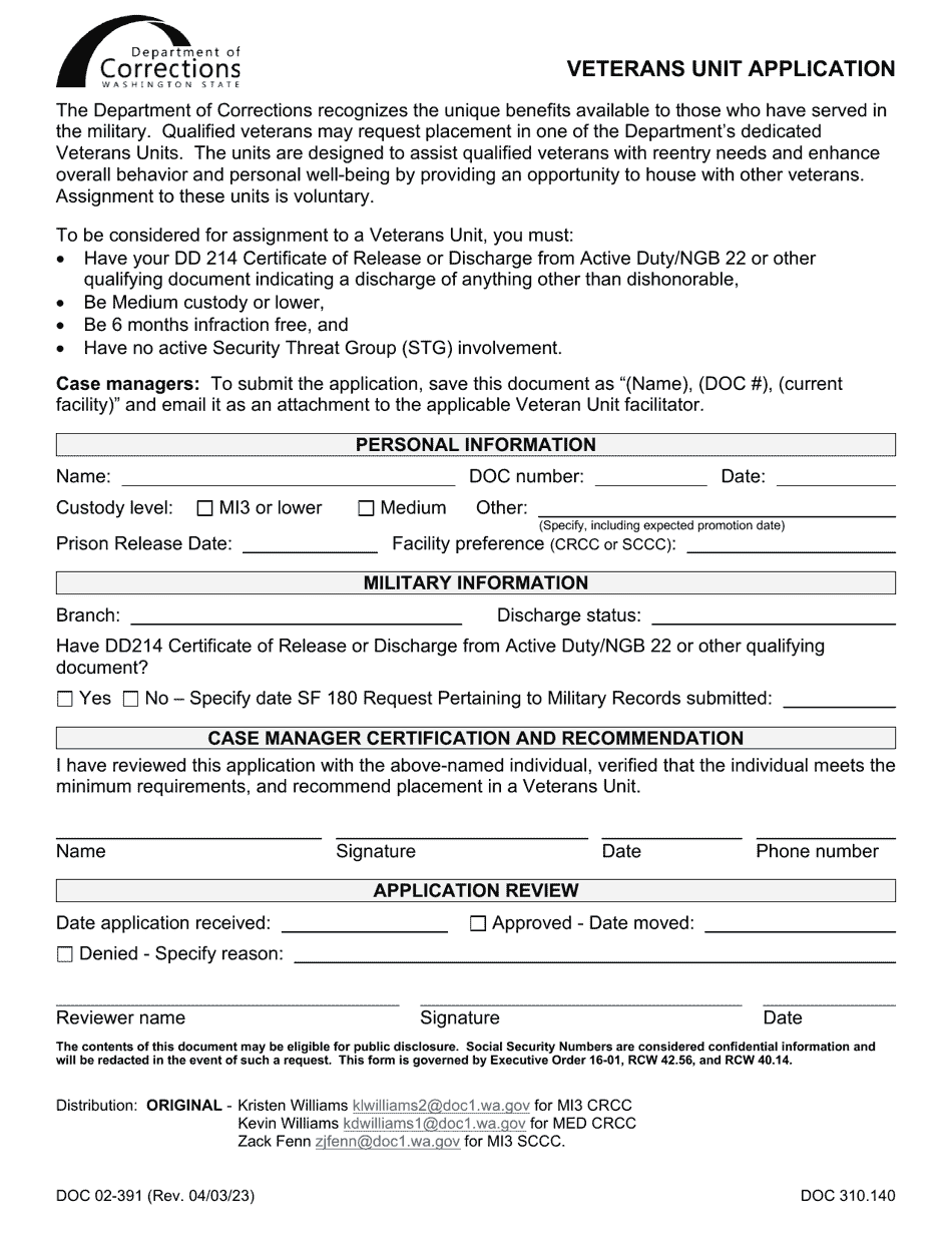 Form DOC02-391 Veterans Unit Application - Washington, Page 1