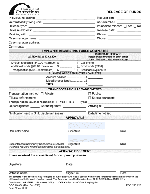 Form DOC19-058  Printable Pdf