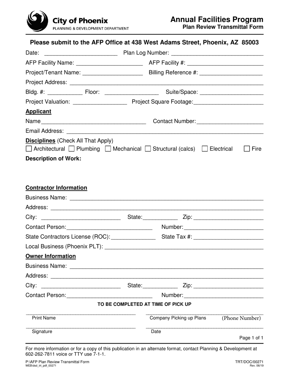 Form TRT / DOC / 00271 Plan Review Transmittal Form - Annual Facilities Program - City of Phoenix, Arizona, Page 1