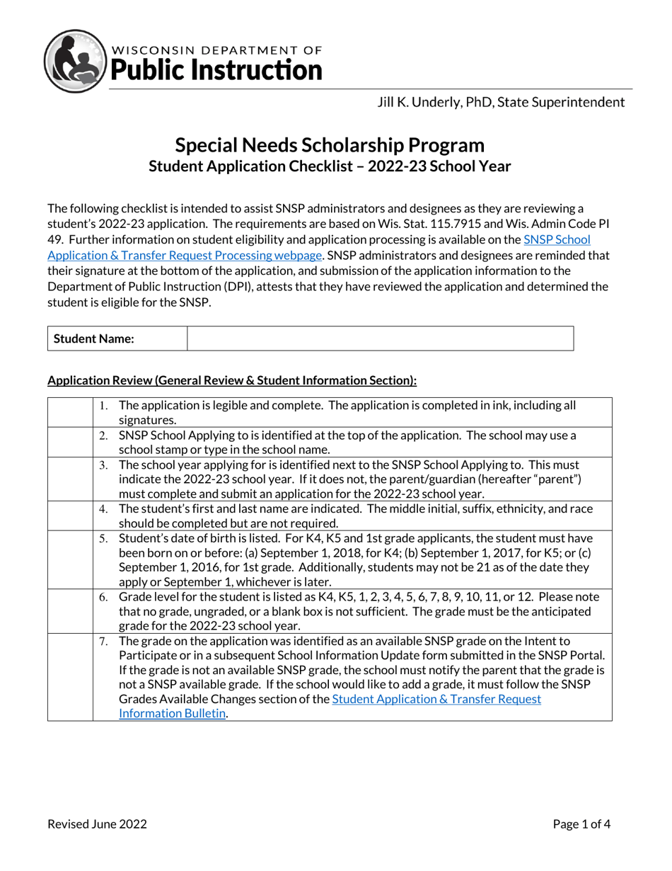 Student Application Checklist - Special Needs Scholarship Program - Wisconsin, Page 1