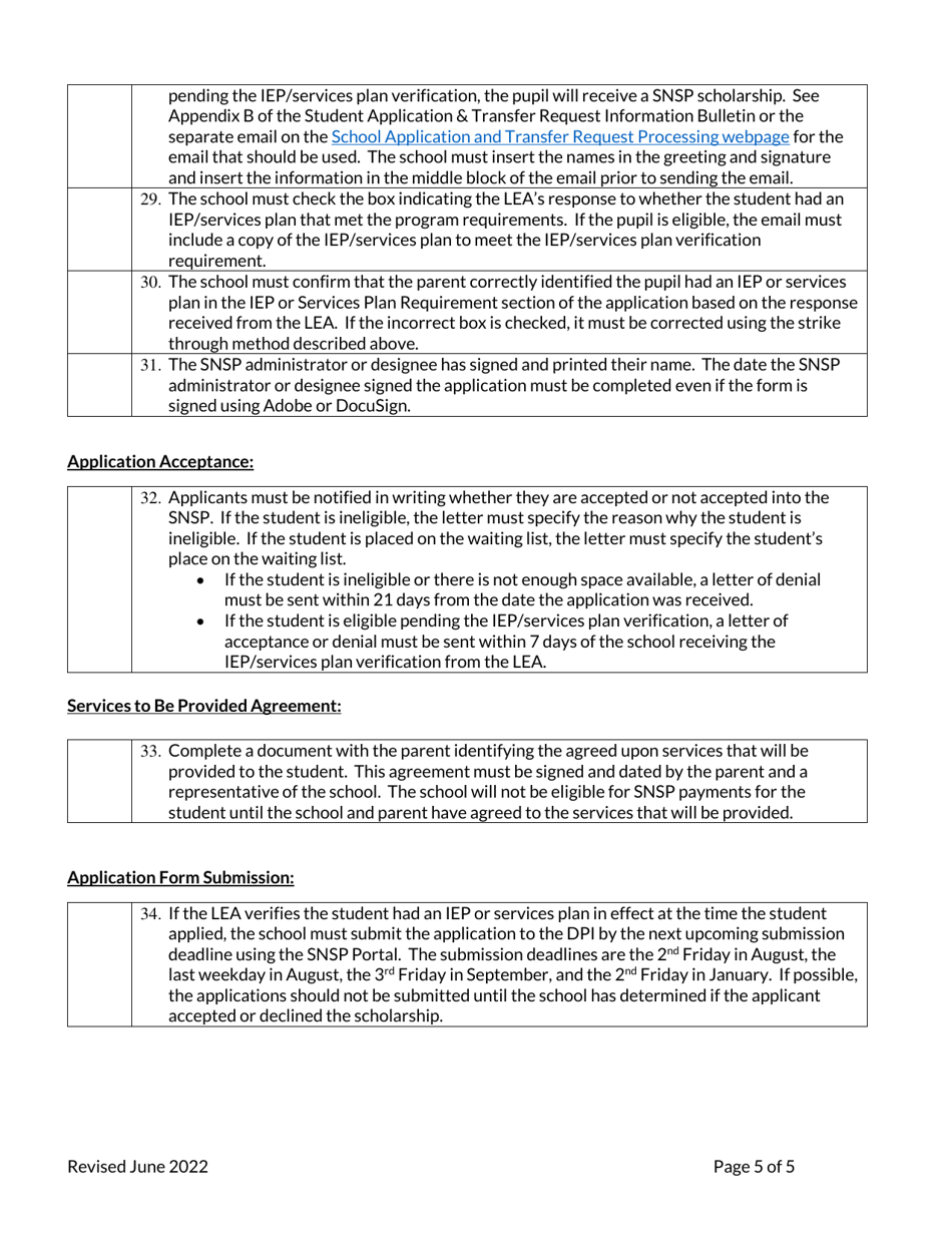 Student Application Checklist - Special Needs Scholarship Program - Wisconsin, Page 5