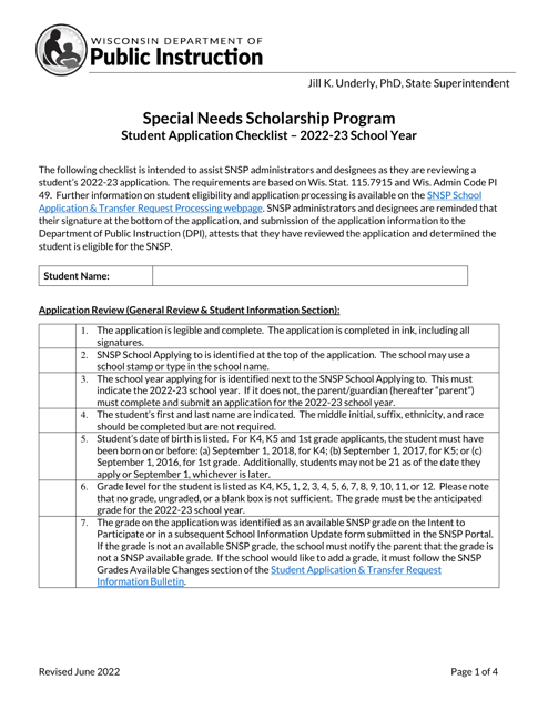 Student Application Checklist - Special Needs Scholarship Program - Wisconsin, 2023