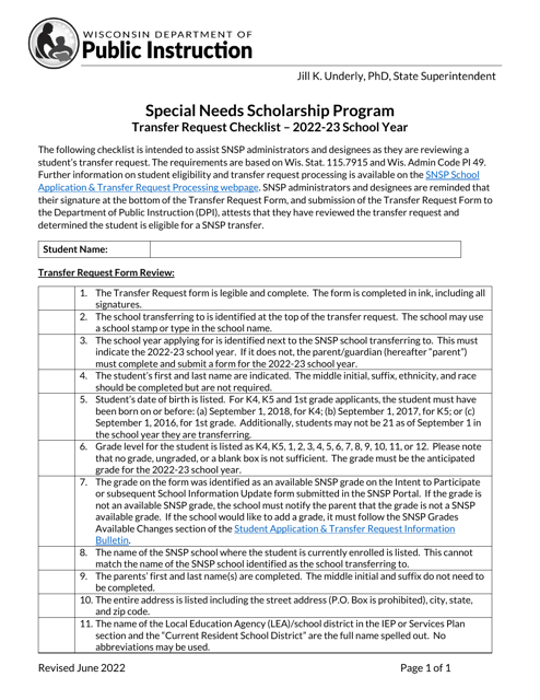 Transfer Request Checklist - Special Needs Scholarship Program - Wisconsin, 2023