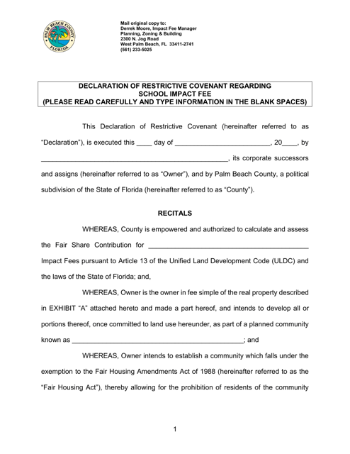 Declaration of Restrictive Covenant Regarding School Impact Fee - Palm Beach County, Florida Download Pdf