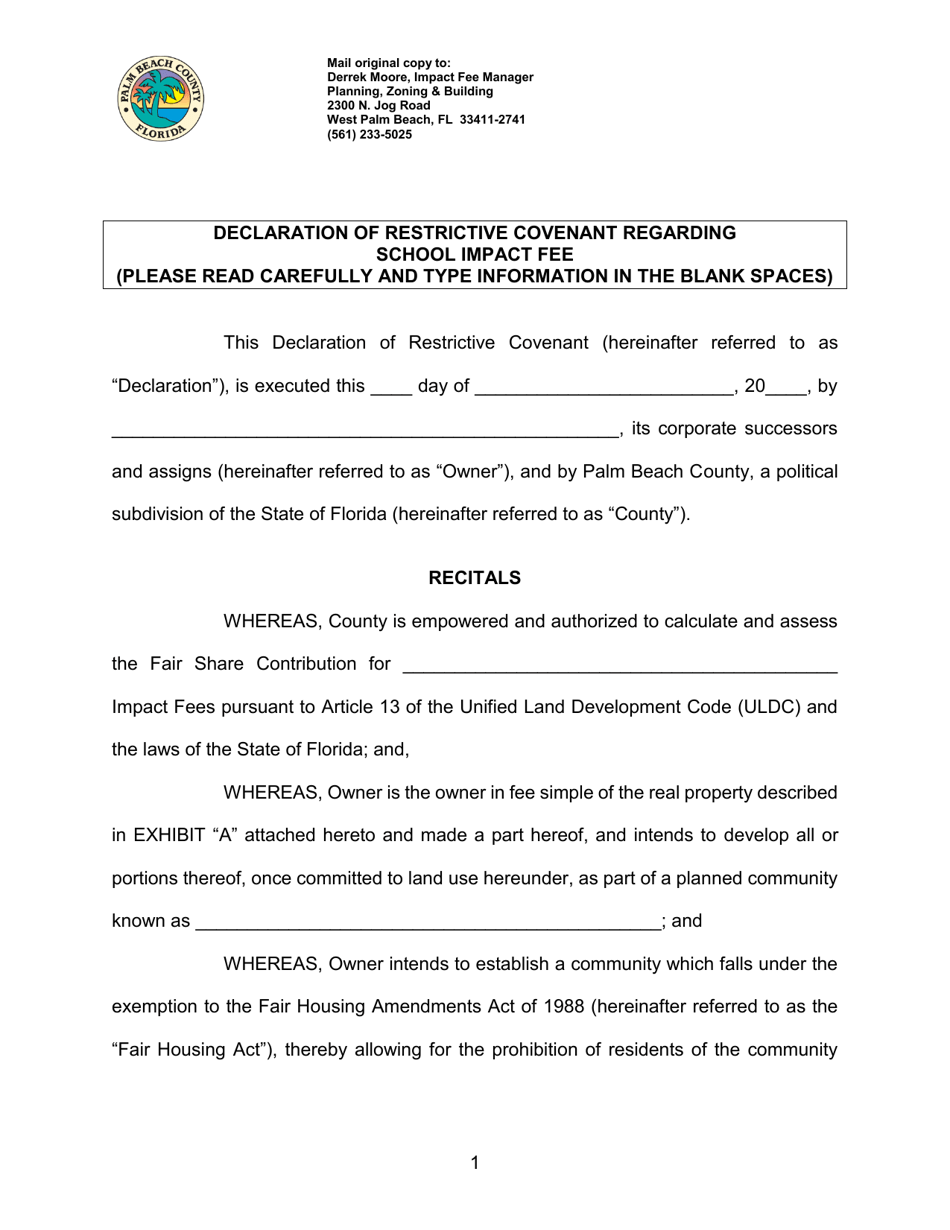 Palm Beach County, Florida Declaration of Restrictive Covenant