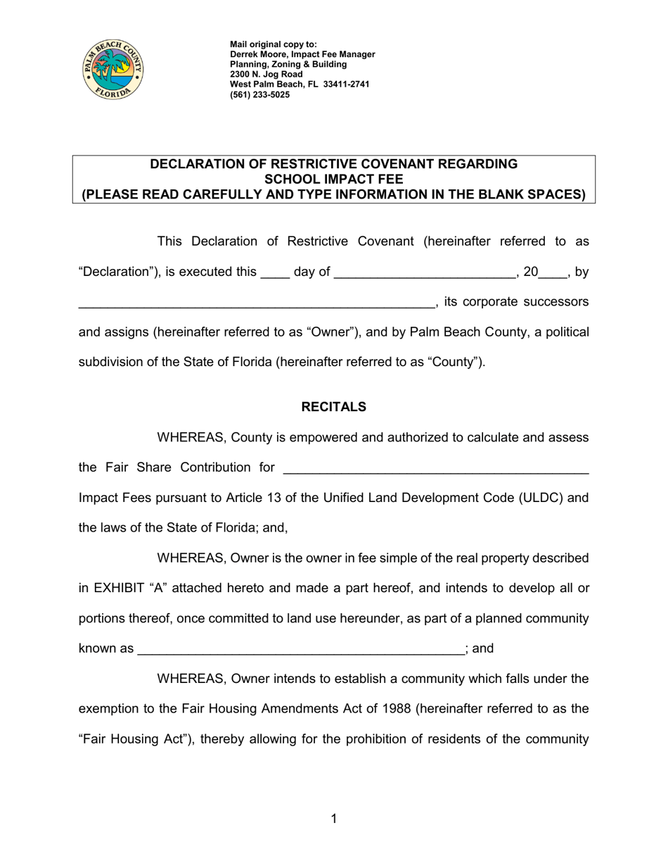 Declaration of Restrictive Covenant Regarding School Impact Fee - Palm Beach County, Florida, Page 1