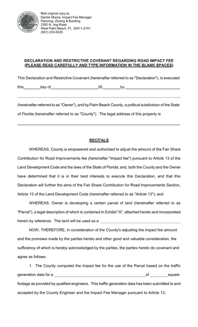 Declaration and Restrictive Covenant Regarding Road Impact Fee - Palm Beach County, Florida Download Pdf