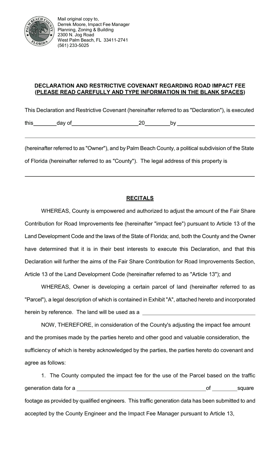 Declaration and Restrictive Covenant Regarding Road Impact Fee - Palm Beach County, Florida, Page 1