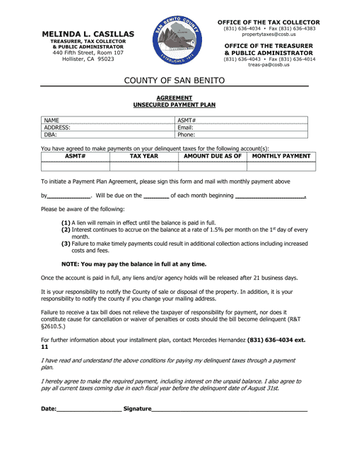 Unsecured Payment Plan Agreement - County of San Benito, California Download Pdf