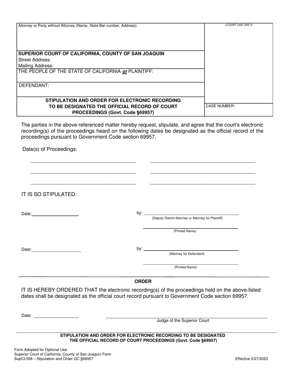 Form Sup. Ct.558 Stipulation and Order for Electronic Recording to Be Designated the Official Record of Court Proceedings - County of San Joaquin, California, Page 1