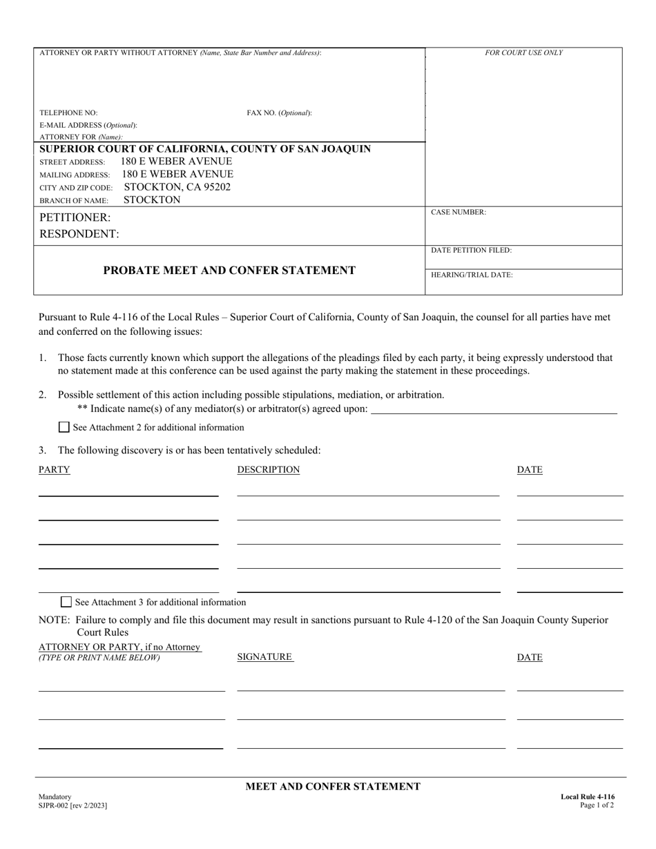 Form SJPR-002 Probate Meet and Confer Statement - County of San Joaquin, California, Page 1
