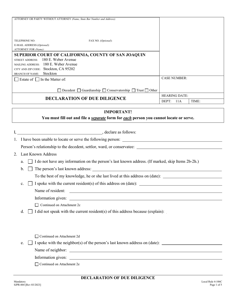 Form SJPR-004 Declaration of Due Diligence - County of Joaquin, California, Page 1