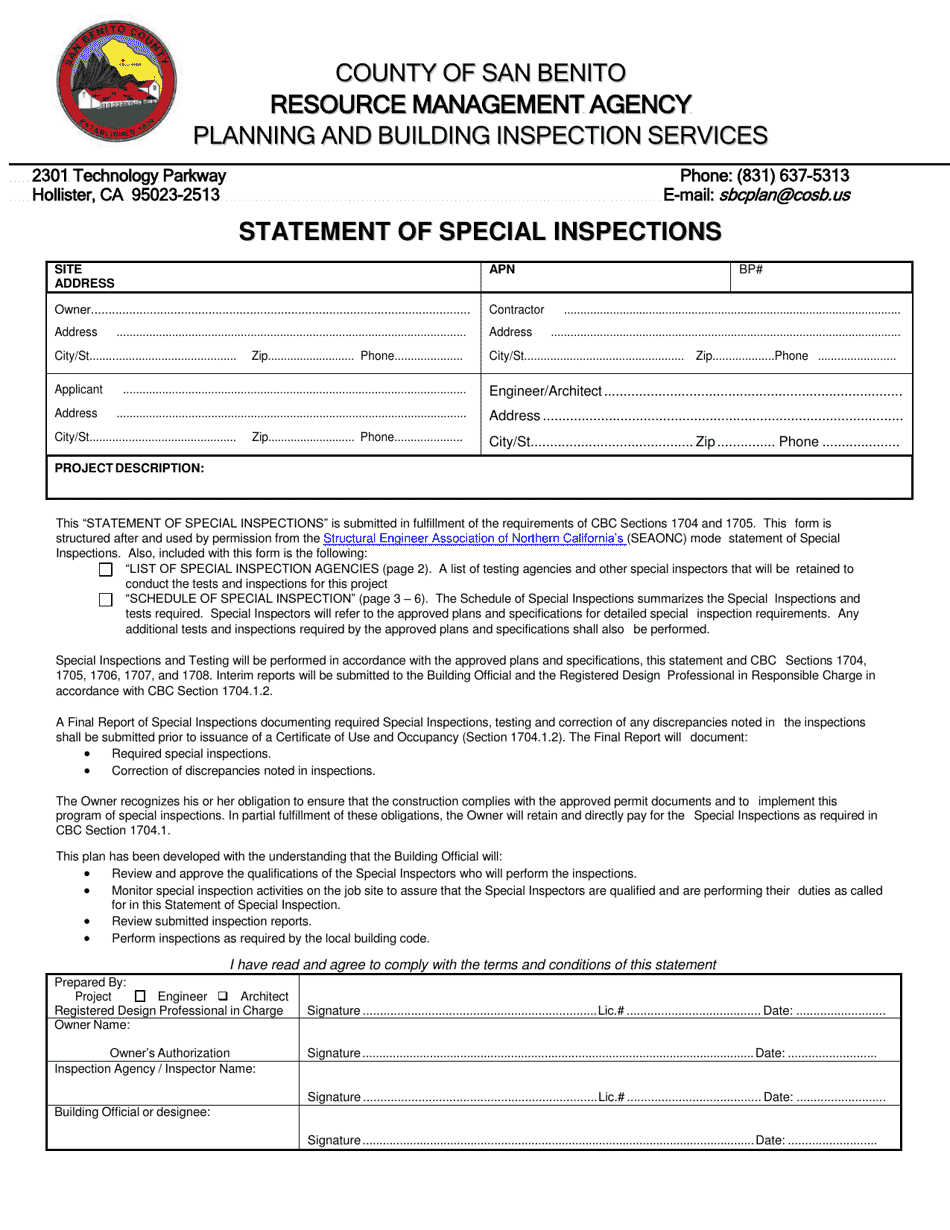 Statement of Special Inspections - County of San Benito, California, Page 1