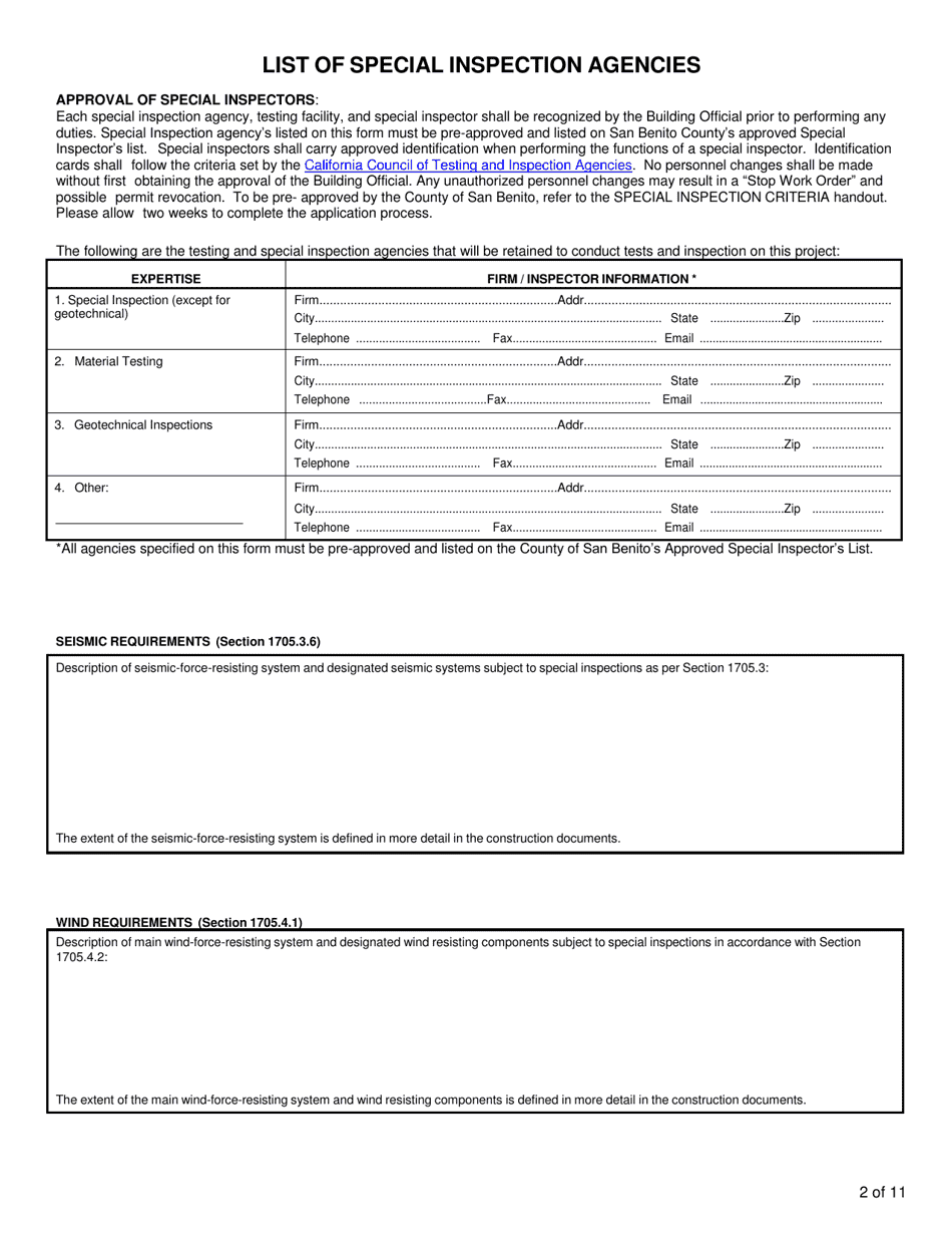 Statement of Special Inspections - County of San Benito, California, Page 2