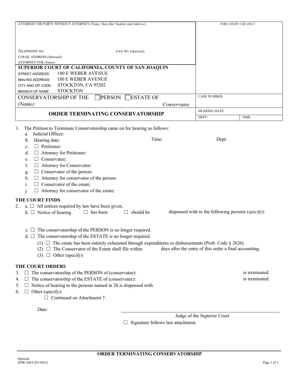 Form SJPR-204A Order Terminating Conservatorship - County of Joaquin, California, Page 1