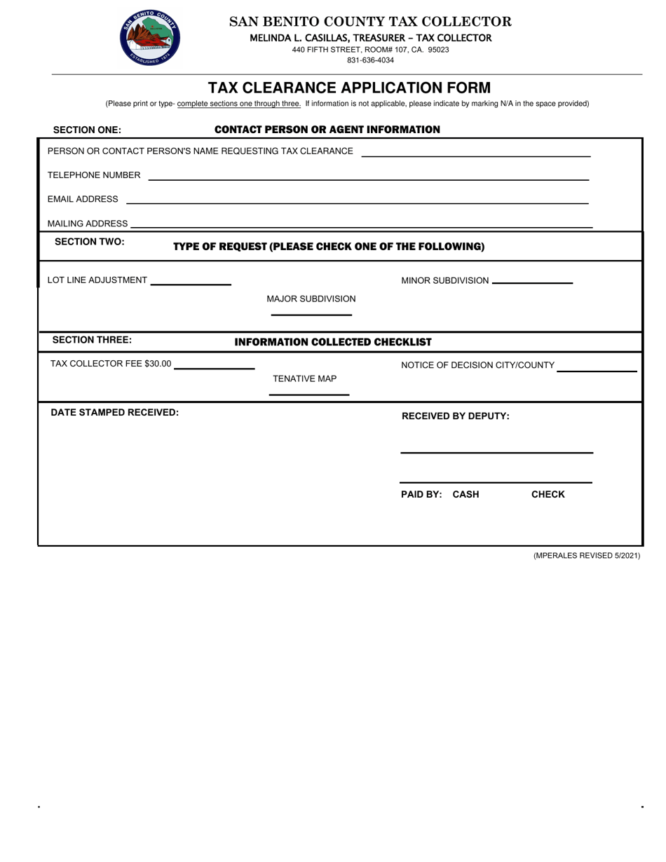Tax Clearance Application Form - County of San Benito, California, Page 1
