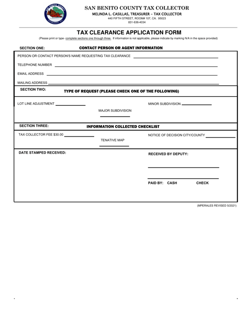Tax Clearance Application Form - County of San Benito, California