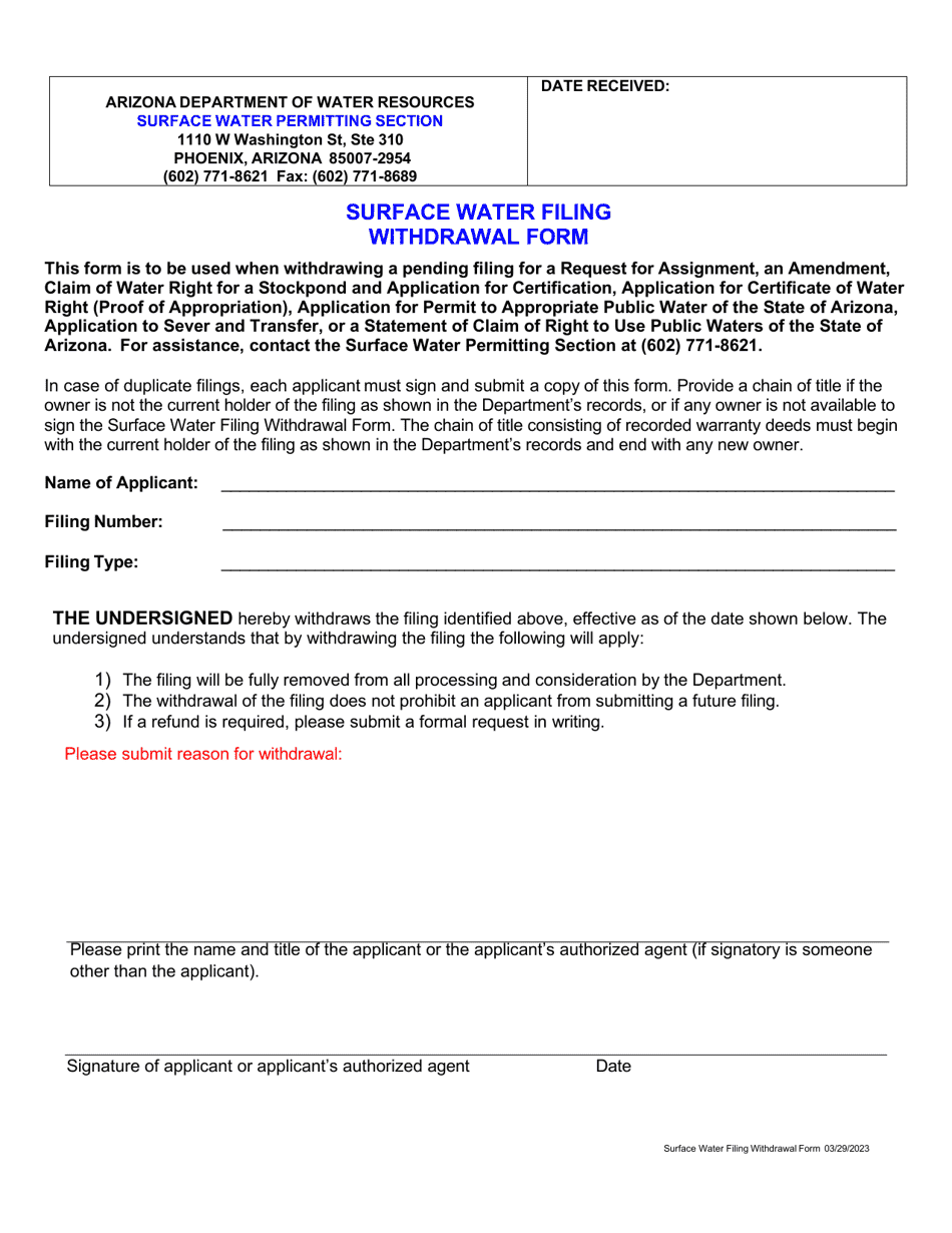 Surface Water Filing Withdrawal Form - Arizona, Page 1