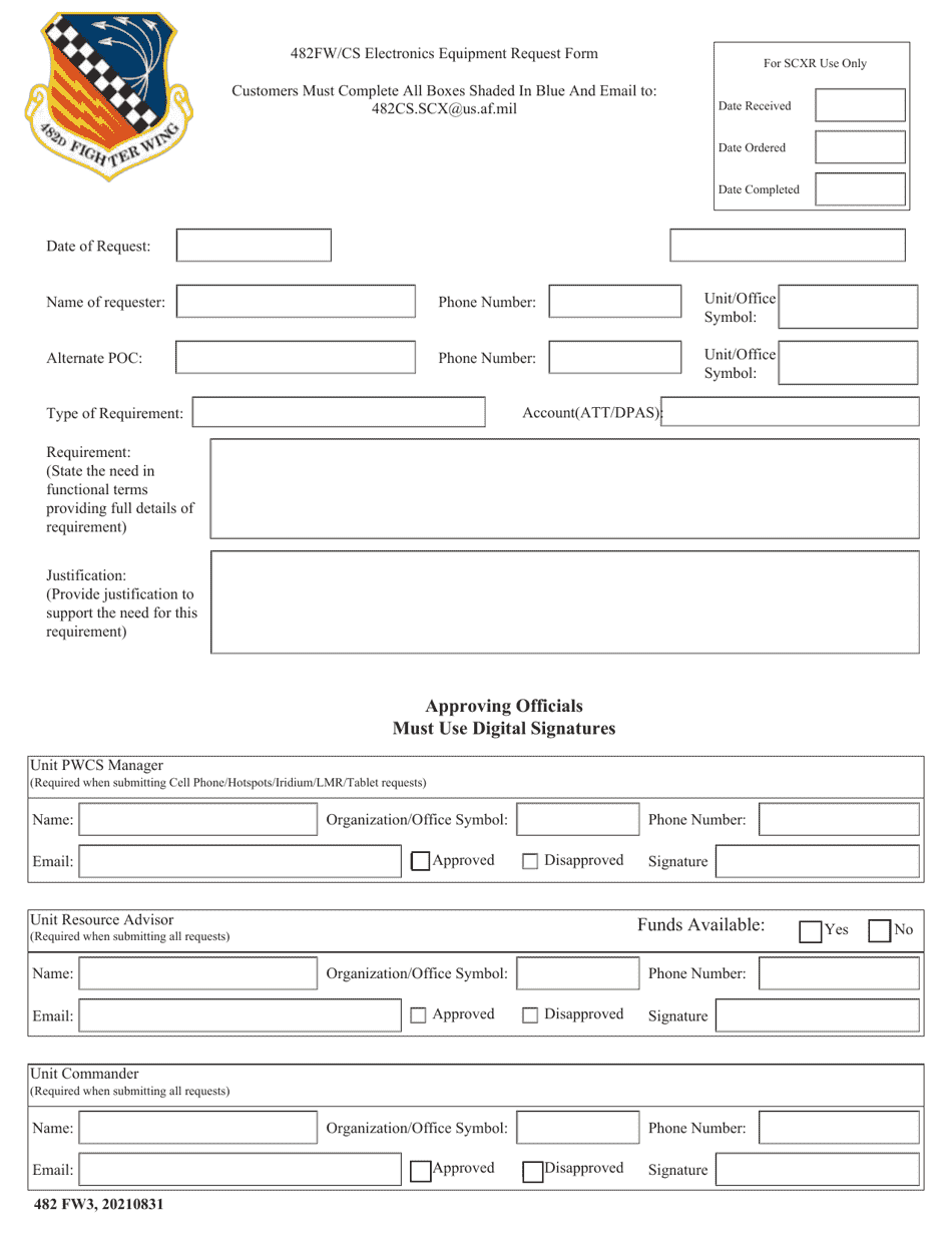482 FW Form 3 482fw / Cs Electronics Equipment Request Form, Page 1