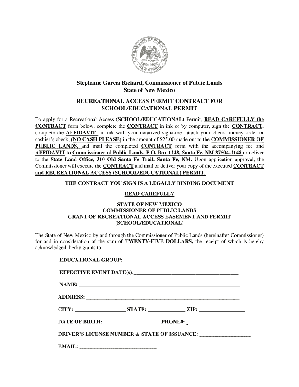 Recreational Access Permit Contract for School / Educational Permit - New Mexico, Page 1