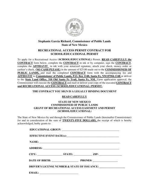 Recreational Access Permit Contract for School / Educational Permit - New Mexico Download Pdf