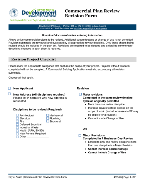 Commercial Plan Review Revision Form - City of Austin, Texas Download Pdf