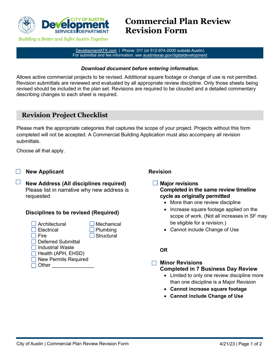 Client Plan Review Form Example City of Austin, Texas Commercial Plan Review Revision Form Download ...