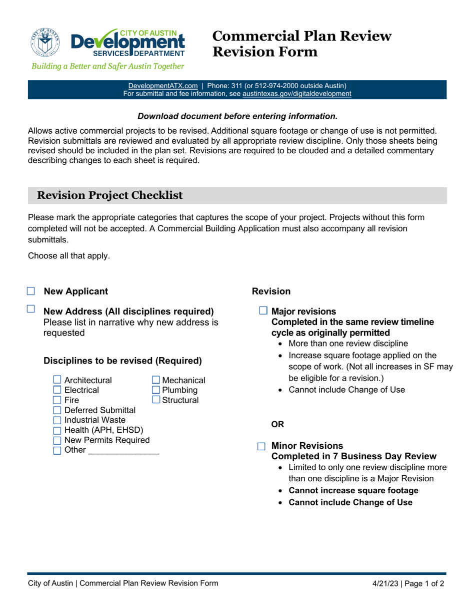 Commercial Plan Review Revision Form - City of Austin, Texas, Page 1