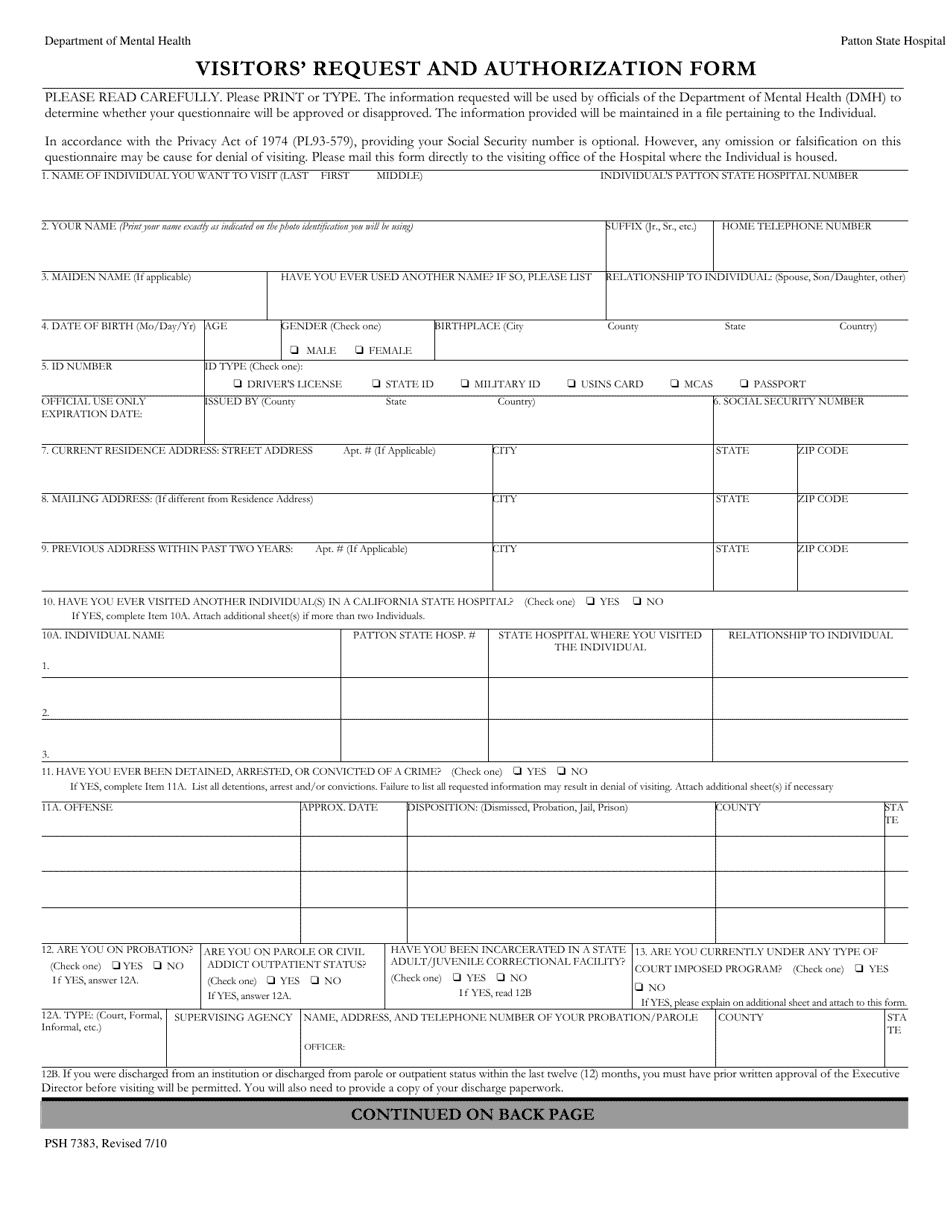 Form PSH7383 Visitors Request and Authorization Form - California, Page 1