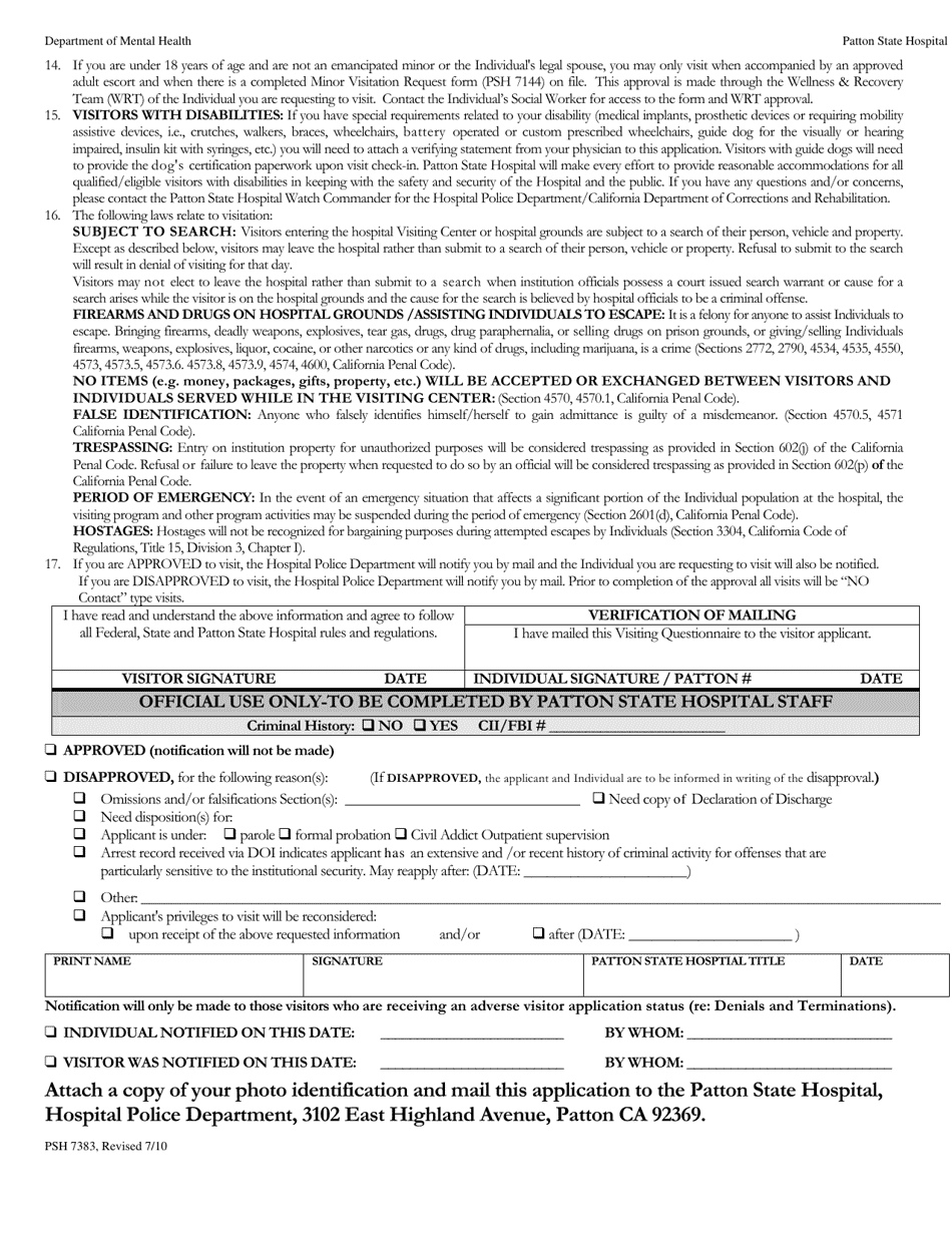 Form PSH7383 Visitors Request and Authorization Form - California, Page 2