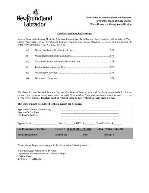 Certification Exam Fee Schedule - Newfoundland and Labrador, Canada