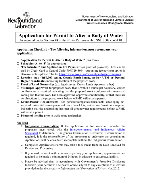 Application for Permit to Alter a Body of Water - Newfoundland and Labrador, Canada Download Pdf