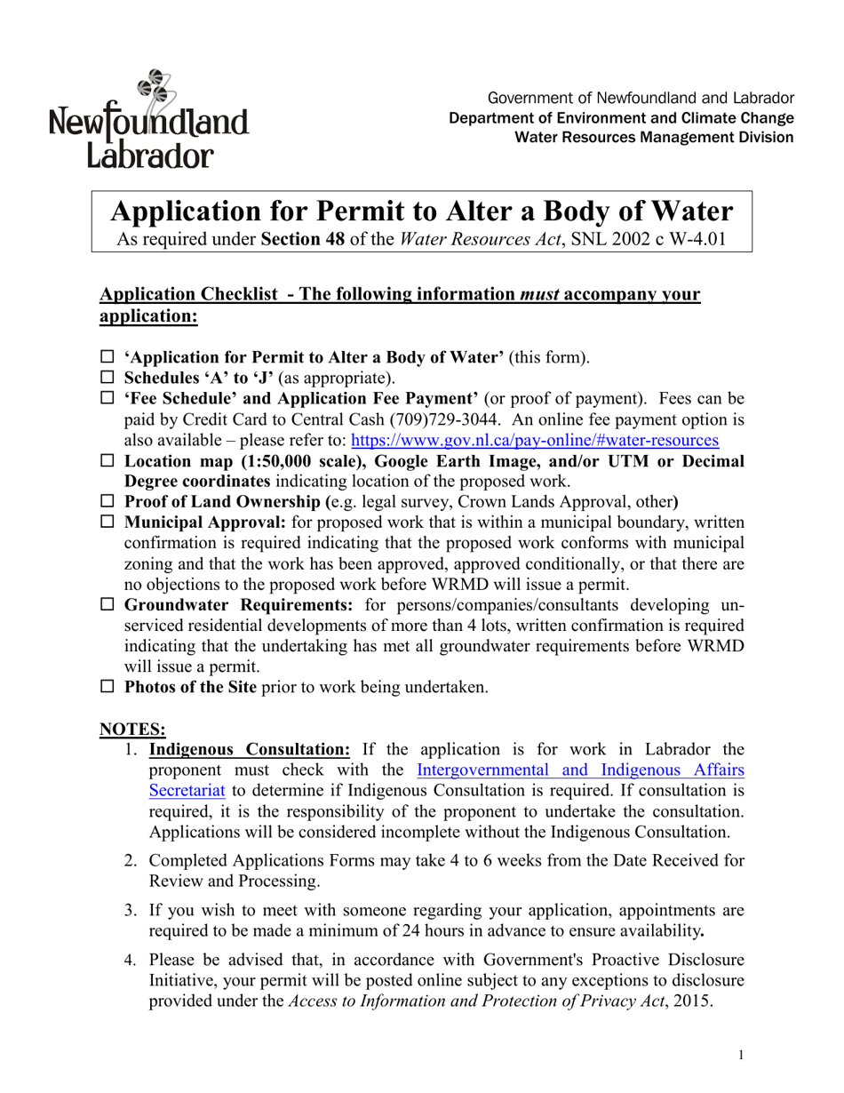 Application for Permit to Alter a Body of Water - Newfoundland and Labrador, Canada, Page 1